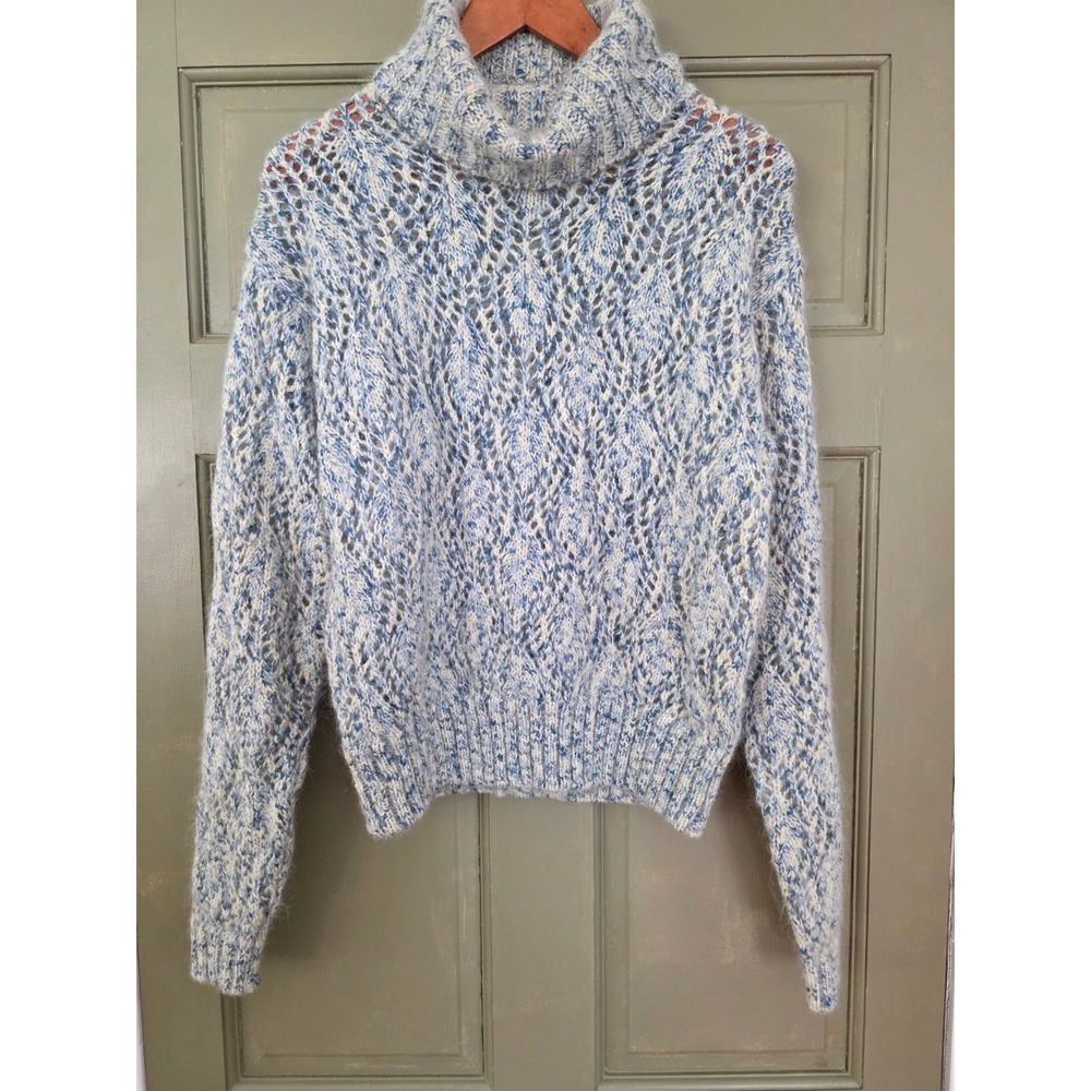 Vintage Chunky Mohair Blend Turtleneck – Marled Blue Open Knit Sweater S